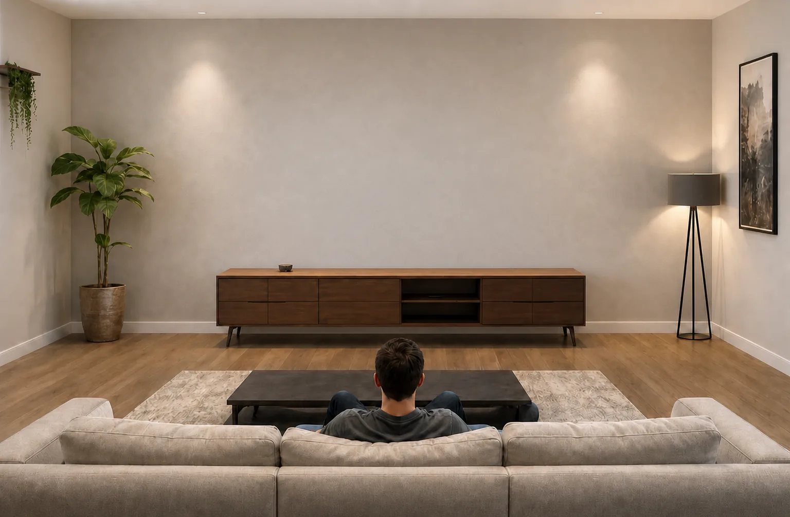 A bright living room viewed from behind a person seated on a sofa